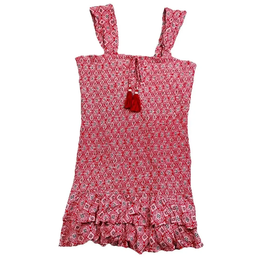 BOG Smocked Mini Dress Womens‎ XL Red Egret Tassel Ruffle Boho